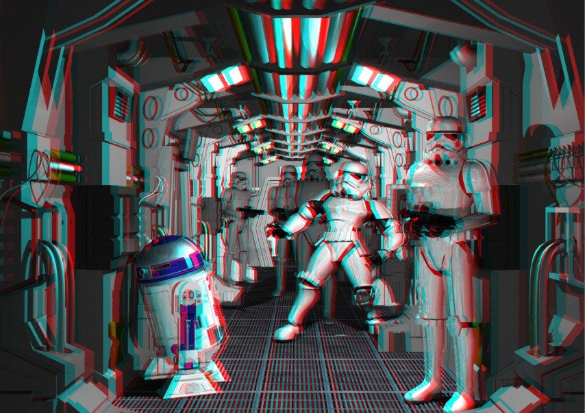 3D Starship hallway Anaglyph with R2D2 and Stormtroopers in an ambush